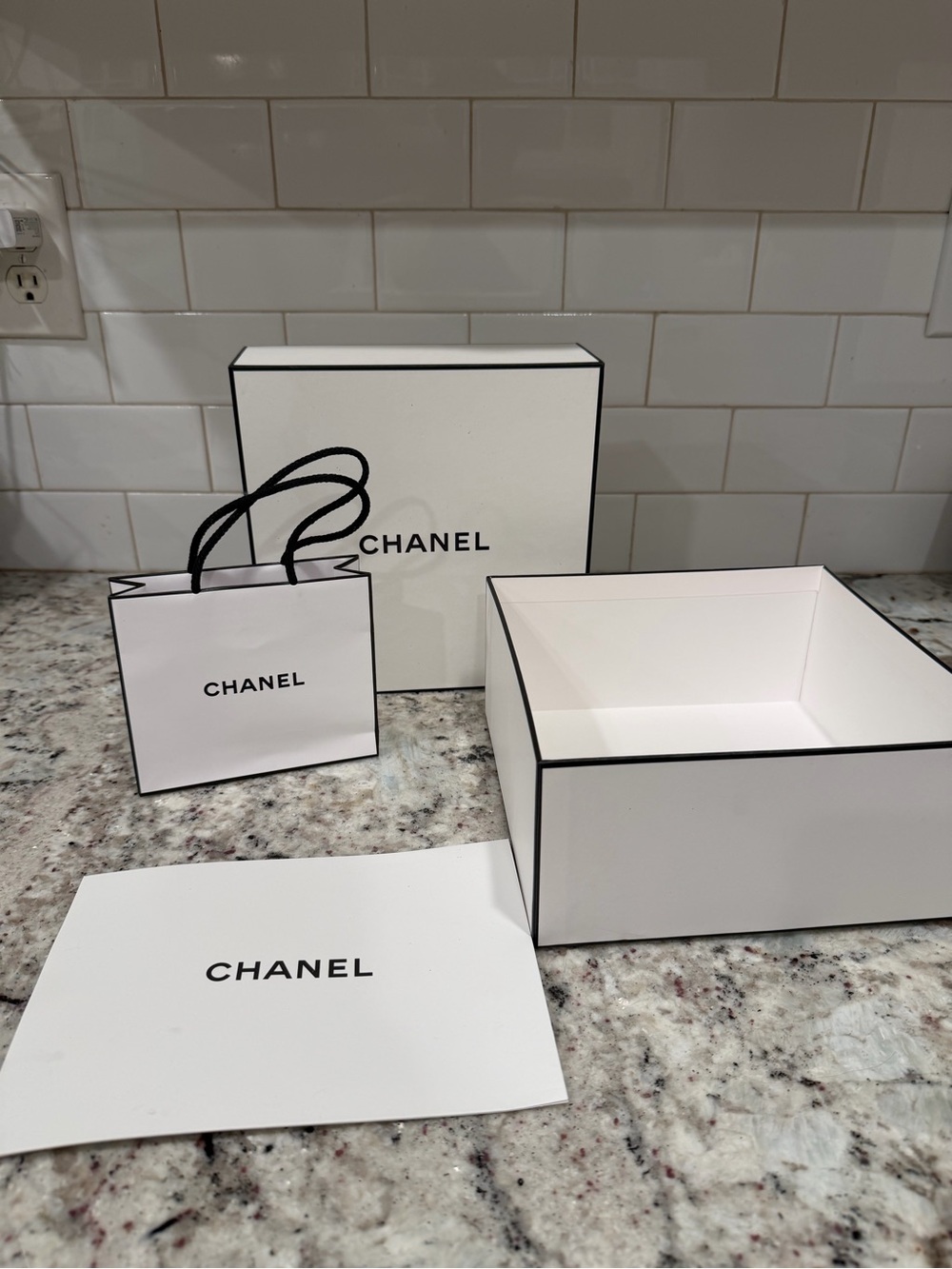 CHANEL White and Black Trim Gift Box & Mini Shopping Bag Set